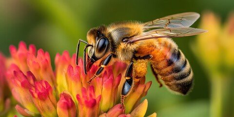Fototapeta premium A close-up of a bee gathering nectar from colorful flowers.