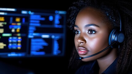 Professional Customer Service: Young Female Call Center Operator Assisting Customers with Headset in Office
