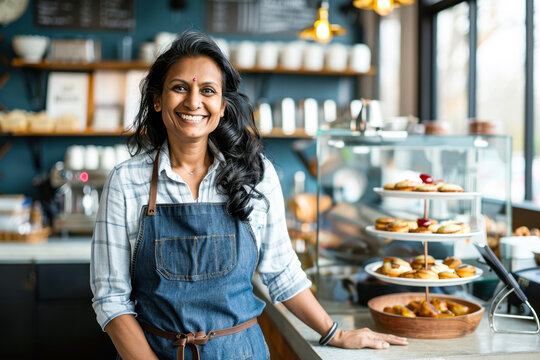 Smiling woman in apron at bakery counter surrounded by pastries and warm lighting