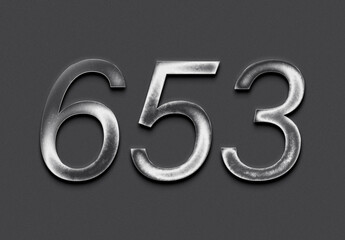 Chrome metal 3D number design of 653 on grey background.