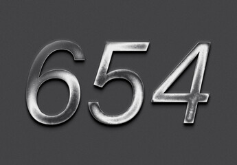 Chrome metal 3D number design of 654 on grey background.