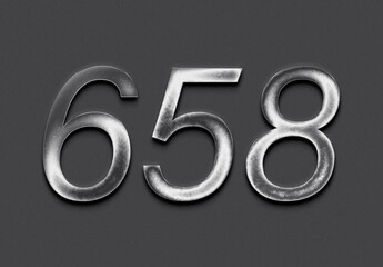Chrome metal 3D number design of 658 on grey background.