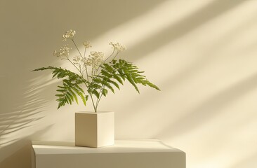 Minimalist plain beige background for product presentation with a white podium and flowers, and ferns on the side
