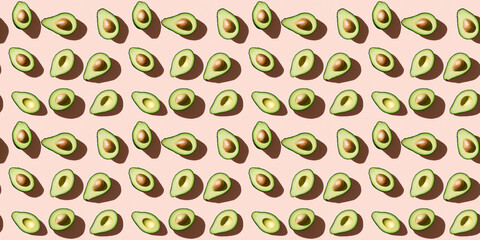 A seamless pattern of avocados, each with its shadow, scattered across the canvas in an elegant display, with soft shadows on a soft pale pink color background