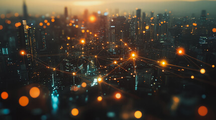 Obraz premium Smart digital Innovation city with connection network reciprocity over the cityscape. of future smart wireless digital city and social media networking systems that connects people with in city