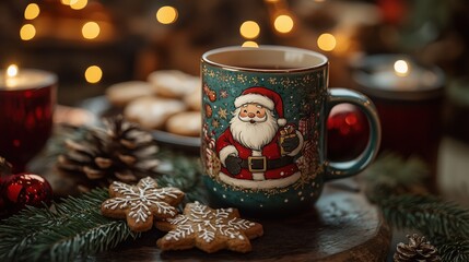 Festive Christmas Mug with Santa Design Surrounded by Holiday Cookies, Pinecones, and Warm Candlelight for a Cozy Seasonal Atmosphere.