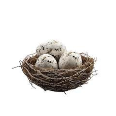 Obraz premium Three speckled eggs in a woven bird nest.