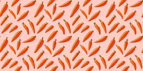 Fototapeta premium A seamless pattern of carrots, each with its shadow, scattered across the canvas in an elegant display, with soft shadows on a soft pale pink color background