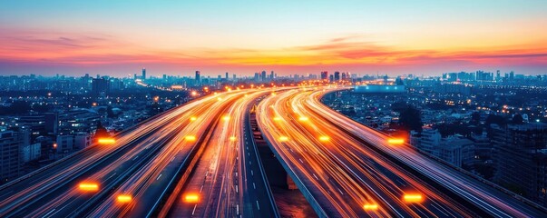 Fototapeta premium Cityscape with illuminated highways at sunset, vibrant sky in the background.