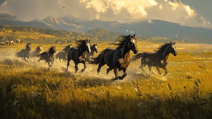 Obraz premium Herd of Horses Galloping Through Golden Field at Sunset