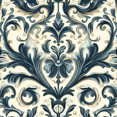 Elegant Vintage Floral Damask Seamless Tile Pattern in Blue and Beige - Perfect for textile, wallpaper, or background applications that require a touch of elegance and sophistication