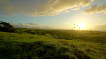 Obraz premium A vibrant green landscape with wind turbines in the background, birds flying overhead, rays of sunlight breaking through the clouds