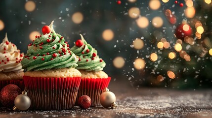 Beautifully decorated holiday themed cupcakes with vibrant red and green frosting photographed in a cozy festive atmosphere with warm glowing lighting and a bokeh effect