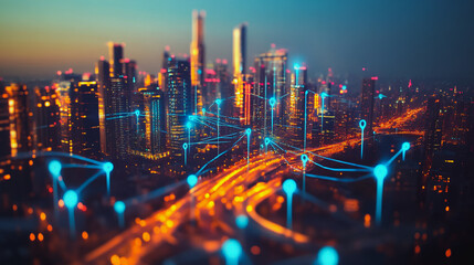 Fototapeta premium Smart digital Innovation city with connection network reciprocity over the cityscape. of future smart wireless digital city and social media networking systems that connects people with in city