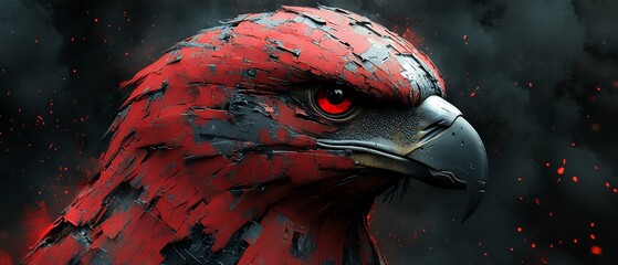 A striking red hawk with intense eyes against a dark, smoky background.