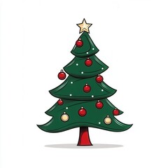 Fototapeta premium Colorful Christmas tree with ornaments and a star on top, isolated on white background.