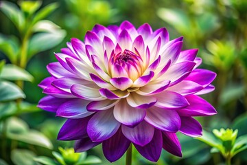 Obraz premium Elegant dragon flower blooms in a lush green garden with vibrant purple and white petals, elegance, nature, exotic, gardenia, garden