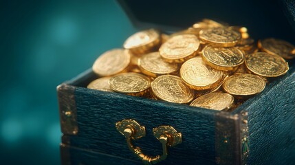 A treasure chest overflowing with gleaming gold coins, symbolizing wealth and fortune, set against a soft blue background.