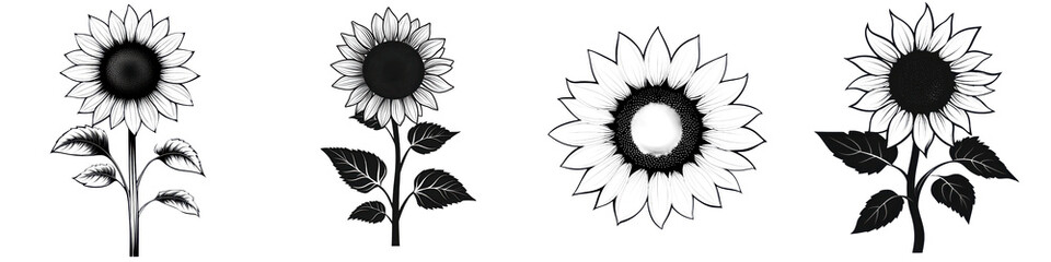 Fototapeta premium Set of minimalist black and white sunflower in various angles and styles These stylized sunflower graphics can be used for branding advertising posters banners websites