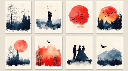 A collection of watercolor landscapes featuring couples and nature scenes.