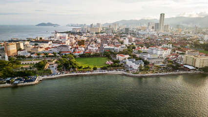 Fototapeta premium aerial of George Town skyline cityscape in Penang Island Malaysia with Jetties neighbourhood unesco heritage