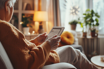 An elderly person using a remote monitoring system to track health, emphasizing the role of technology in senior care and wellness