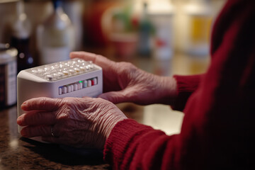 An elderly person using an electronic pill dispenser, emphasizing medication management and technology in senior care