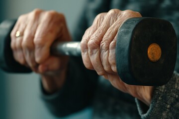 An elderly person engaged in physical rehabilitation exercises using dumbbells. This image highlights the importance of strength training and rehabilitation programs tailored for seniors