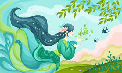 Obraz premium Tomb Sweeping Festival, a beautiful goddess in green hues.