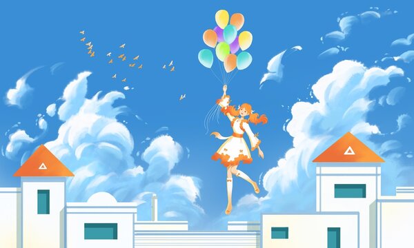 The girl is flying under a bunch of balloons.