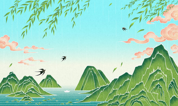 Clearance Festival (Tomb-Sweeping Day) illustration, featuring a refreshing green scenery.