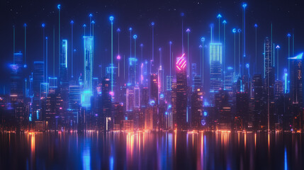 Fototapeta premium Smart digital Innovation city with connection network reciprocity over the cityscape. of future smart wireless digital city and social media networking systems that connects people with in city