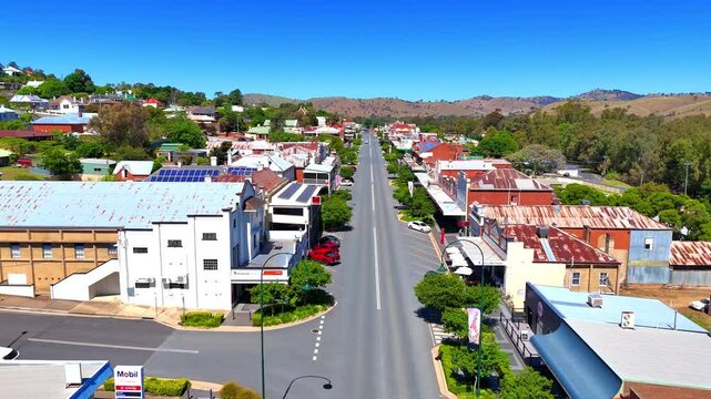 Panoramic aerial drone view of Country Town Gundagai Suburbs with Houses roads and parks in country New South Wales NSW Australia