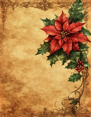 Poinsettia and Holly on Distressed Background

