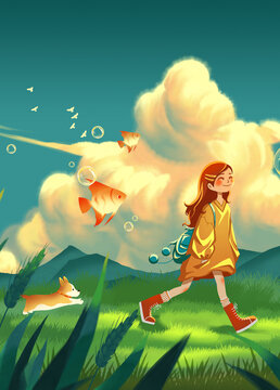 The girl is walking in the field with her backpack, and there are flying fish nearby.