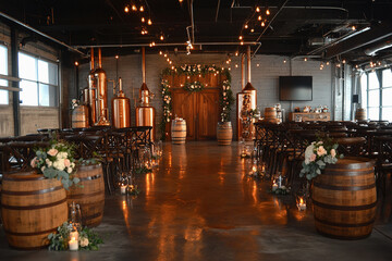 Unique industrial wedding venue at Artisanal Distillery with copper stills and charming decor