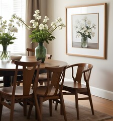 A cozy dining room with a wooden table and chairs, a vase of white flowers, and a framed artwork on the wall.