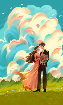 An illustrated drawing for Valentine's Day, with a couple cuddling in front of colorful clouds.
