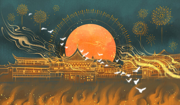 Ancient Eastern architecture, mysterious Eastern classical style paintings.