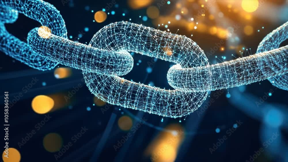 Poster depict a global network interwoven with blockchain technology, featuring secure data transfers