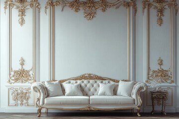White Classic Sofa in Ornate Gold Interior with Decorative Molding