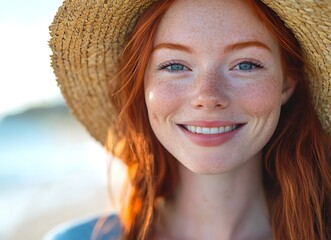 happy woman in a straw hat smiling at the camera on a beach close-up A beautiful young redheaded girl having fun during a summer vacation