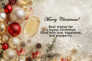 Christmas greeting card with quote - Merry Christmas. Best wishes for a joyous Christmas filled with love, happiness and prosperity. On white Xmas decoration frame border background.