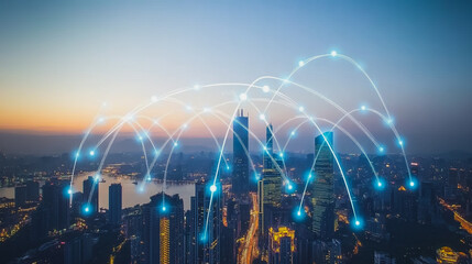 Smart digital Innovation city with connection network reciprocity over the cityscape. of future smart wireless digital city and social media networking systems that connects people with in city	
