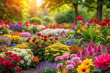 Colorful garden with blooming flowers in a variety of shapes and sizes, daisy, garden, chamomile, bouquet, flowers