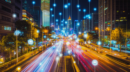 Fototapeta premium Smart digital Innovation city with connection network reciprocity over the cityscape. of future smart wireless digital city and social media networking systems that connects people with in city 