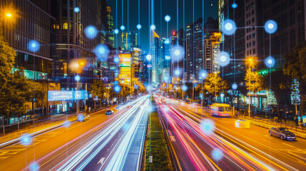 Naklejka premium Smart digital Innovation city with connection network reciprocity over the cityscape. of future smart wireless digital city and social media networking systems that connects people with in city 