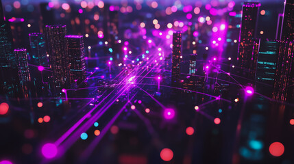 Obraz premium Smart digital Innovation city with connection network reciprocity over the cityscape. of future smart wireless digital city and social media networking systems that connects people with in city 