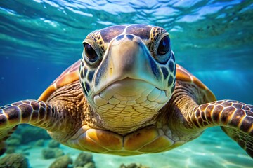 Fototapeta premium Close-up of a sea turtle's face with its flippers and shell, sea turtle, close-up photography, ocean life, nature photography