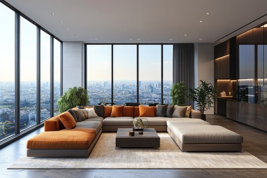 Modern living room interior with panoramic city view